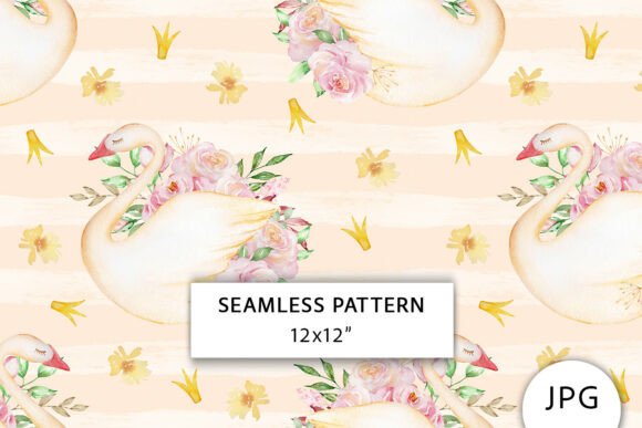 Swan Seamless Pattern and Watercolor White Swans with Flowers Digital Paper: A Romantic Background for Creative Projects